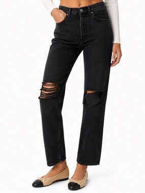 Reformation Cynthia High Rise Straight Jeans Lagoon Destroyed Black Sz 28 90s